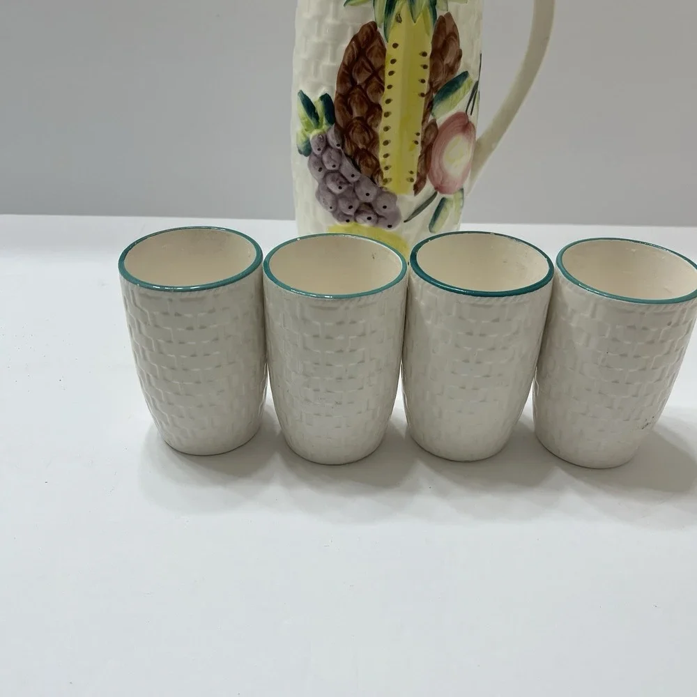Vintage Hand-Painted Ceramic Picture Basket Weave Tropical Fruit 5 Tumblers